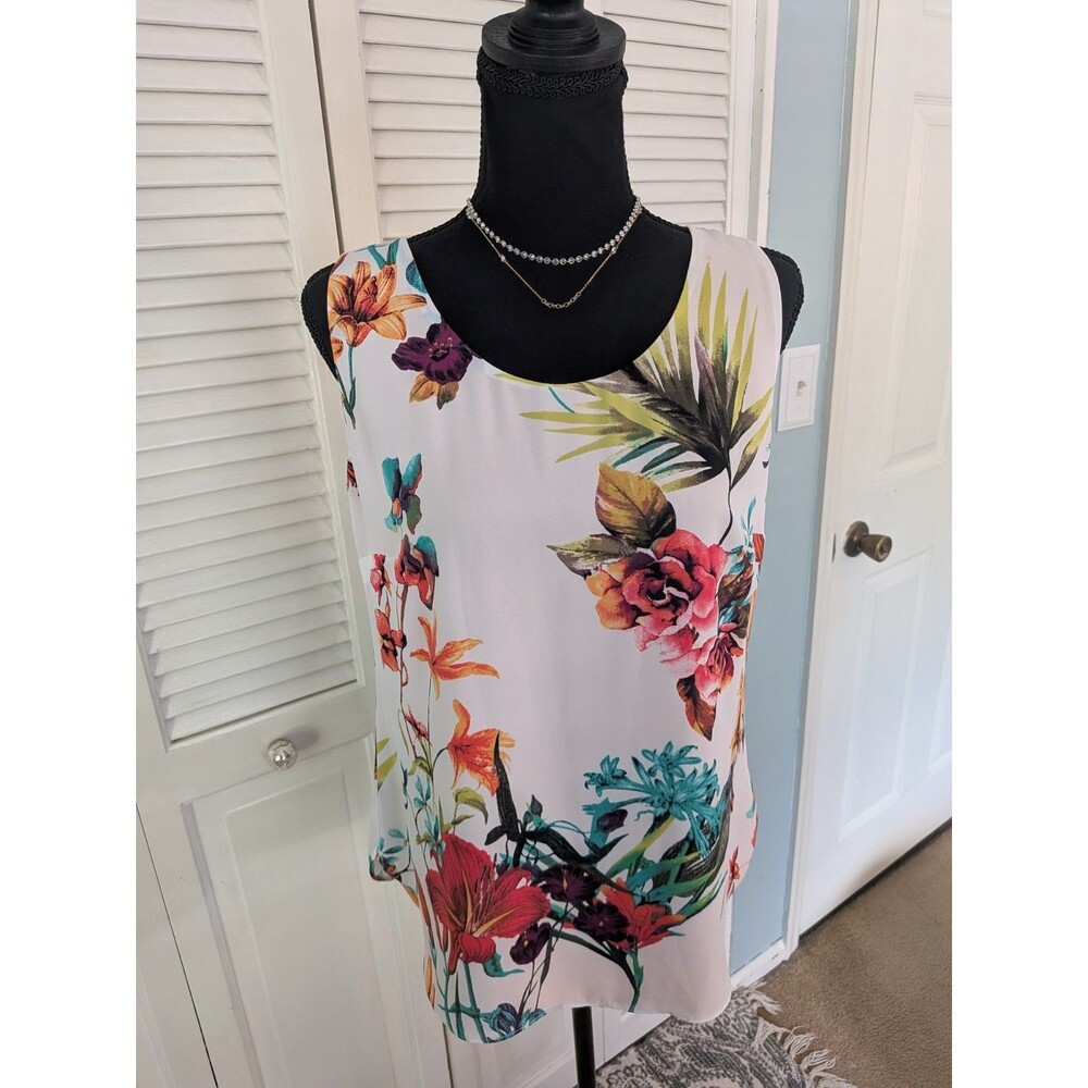 Chico’s Reversible Blouse Women's S Sleeveless Tropical Floral Print New Hawaii